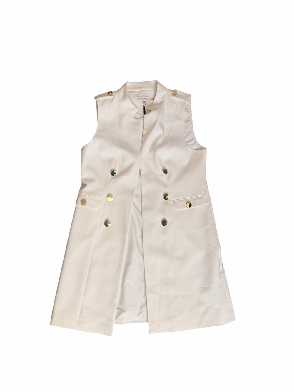 Calvin Klein Cream Sleeveless Mid-length Open Vest with Gold Buttons 10